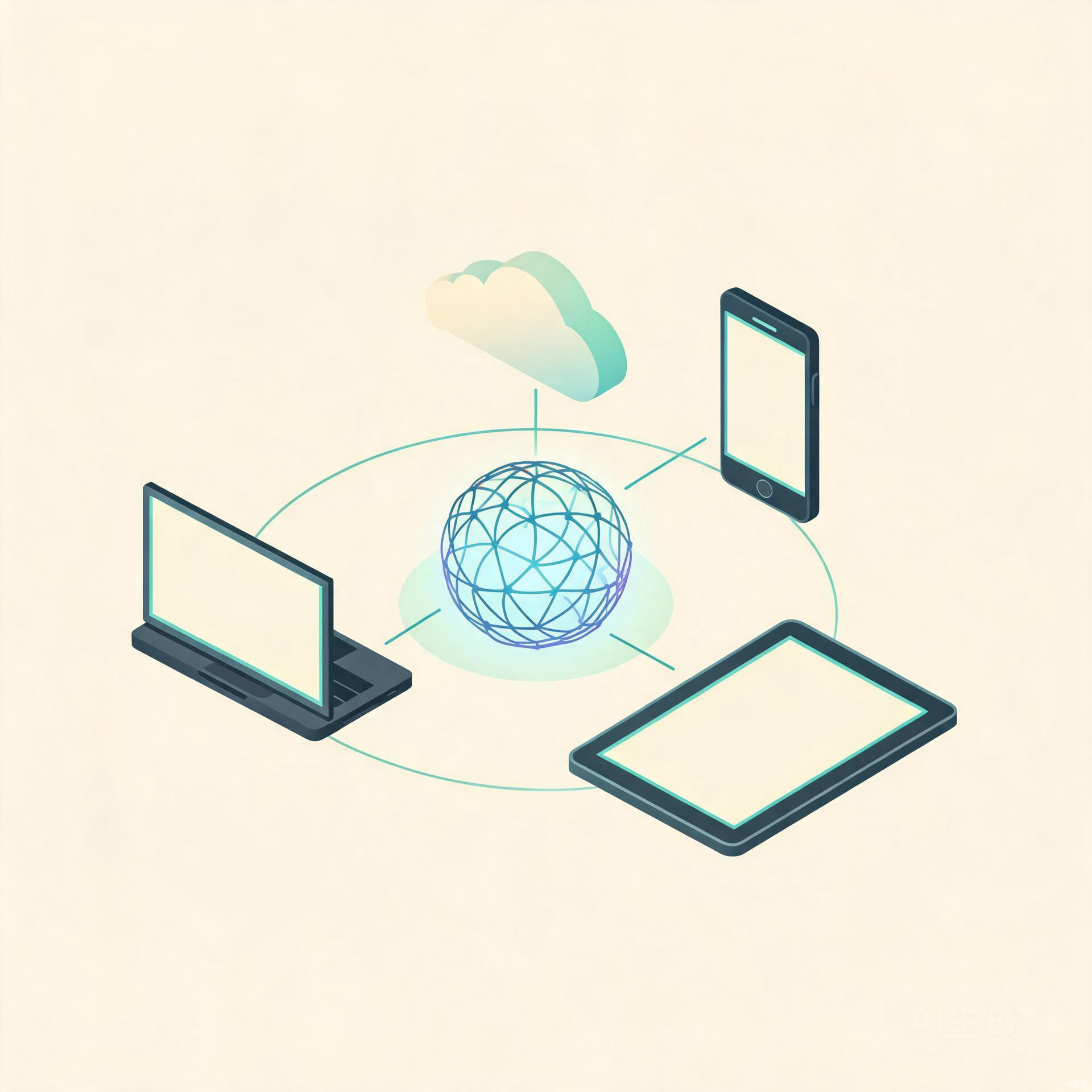 Illustration of a distributed team connected to cloud infrastructure through a secure mesh hub