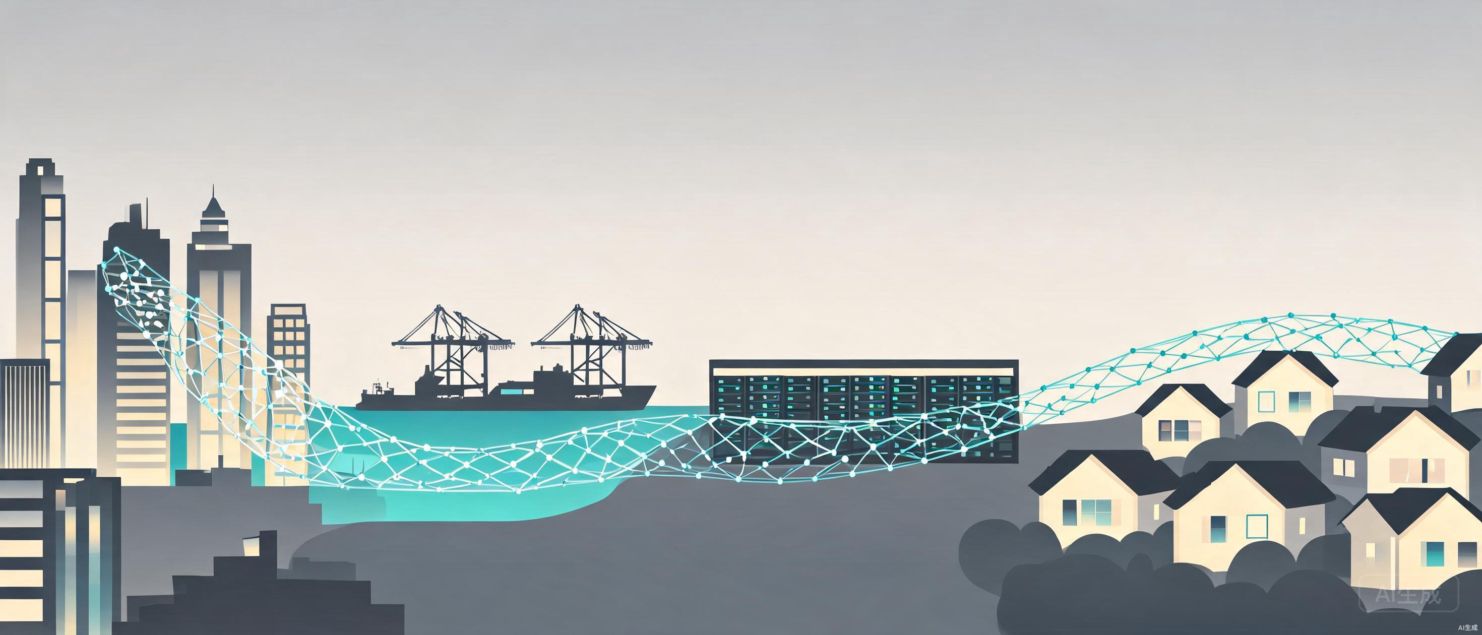 Illustration of one mesh network spanning a city, harbor, data center and homes