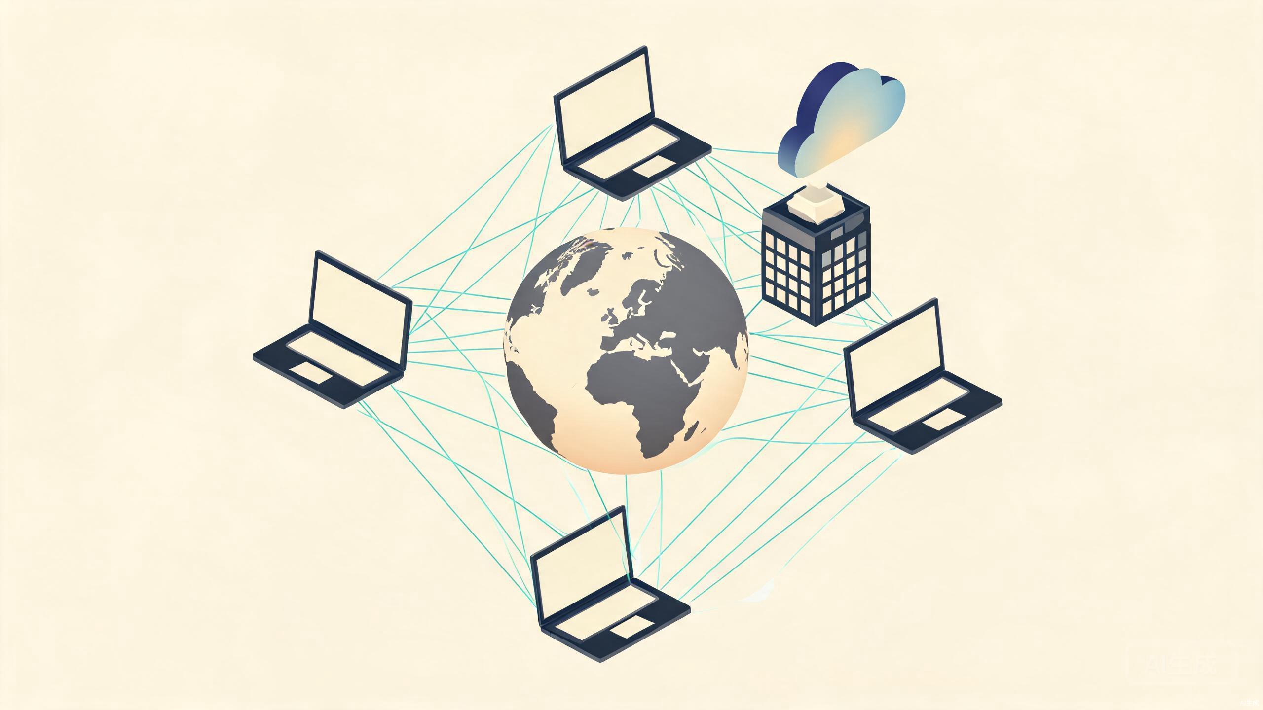 Global team laptops connected through one mesh to office and cloud