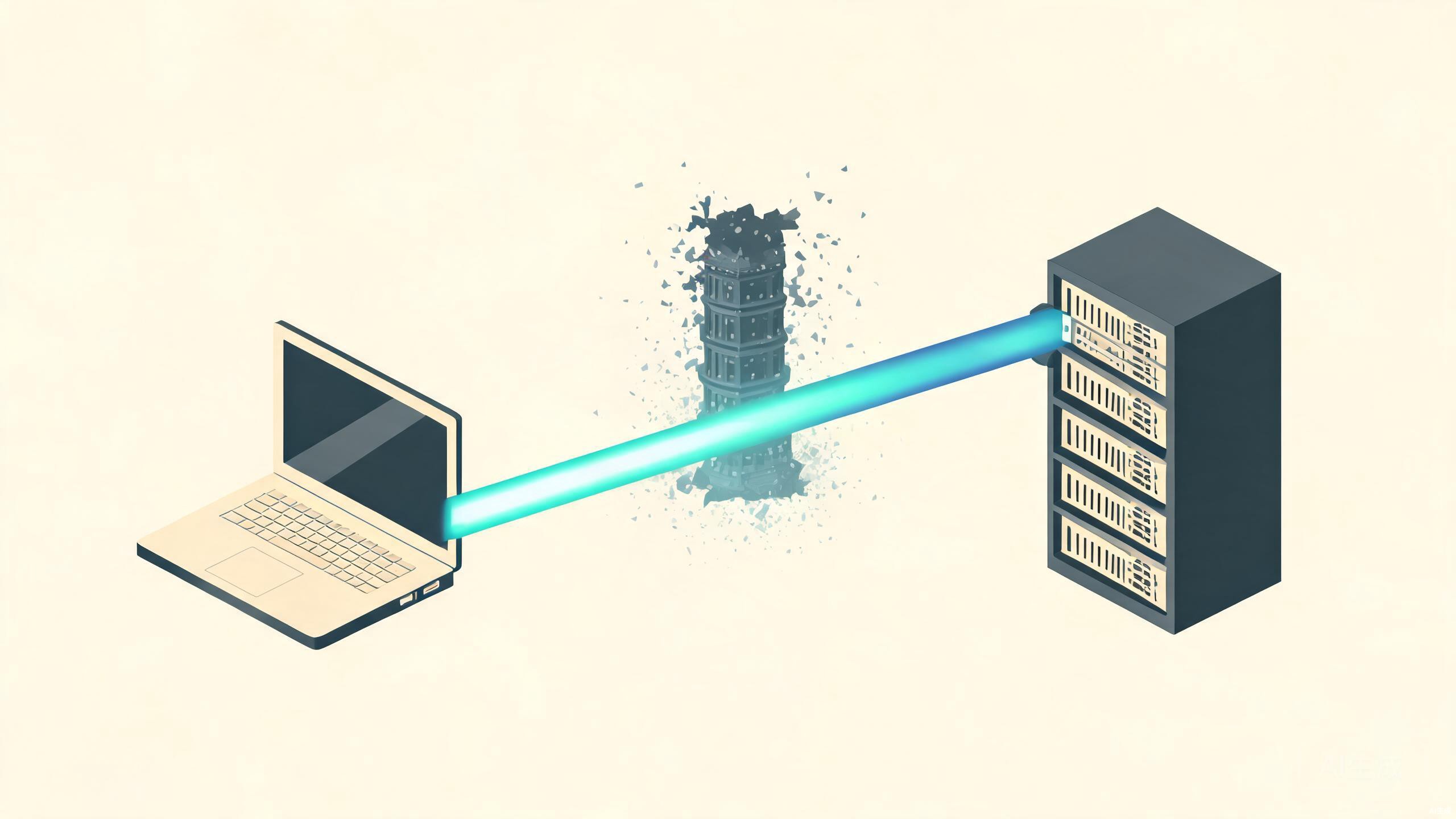 Direct tunnel from laptop to server rack, bastion dissolving in the background