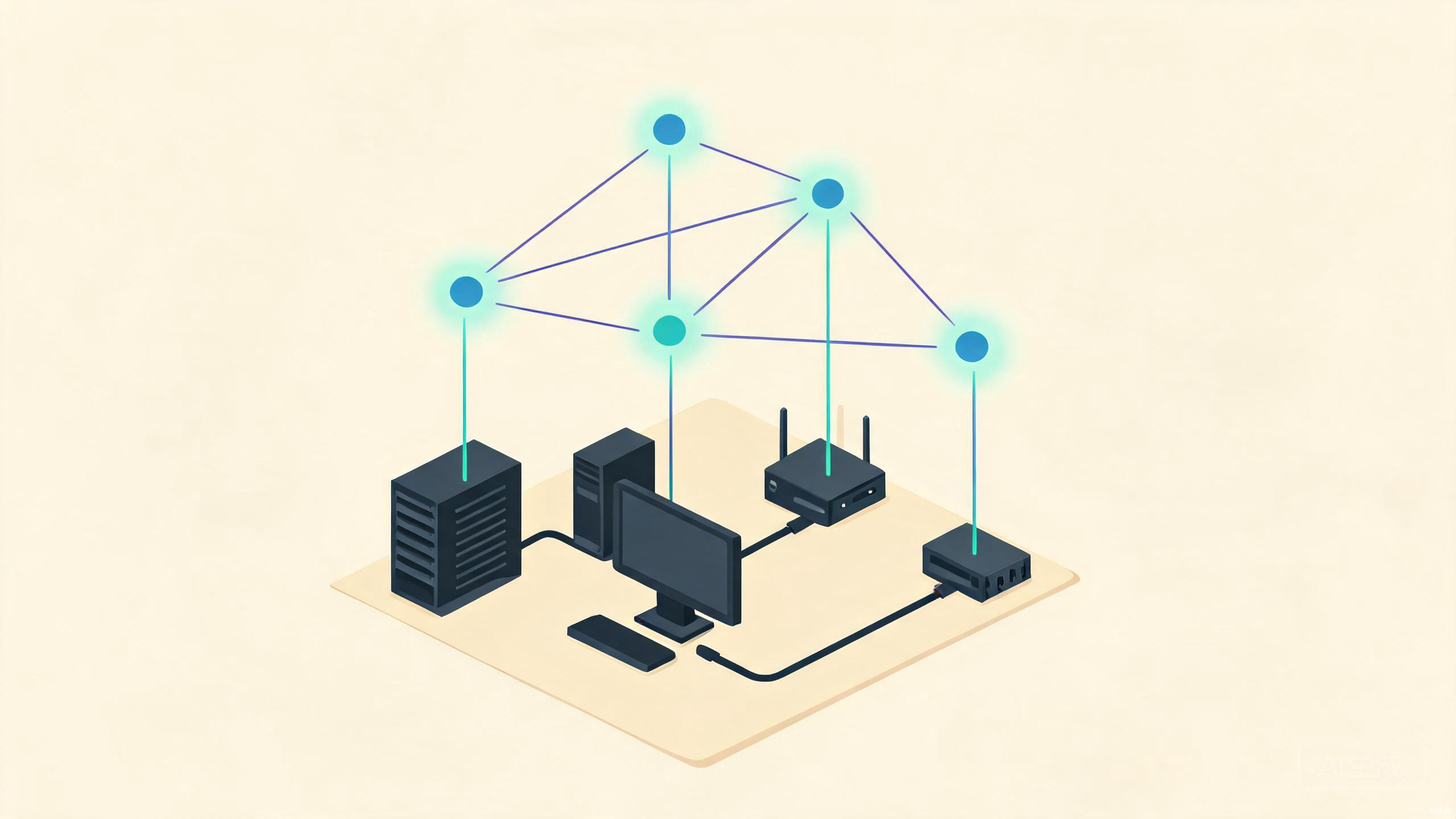 Physical device layer below, luminous mesh overlay above, dotted links between
