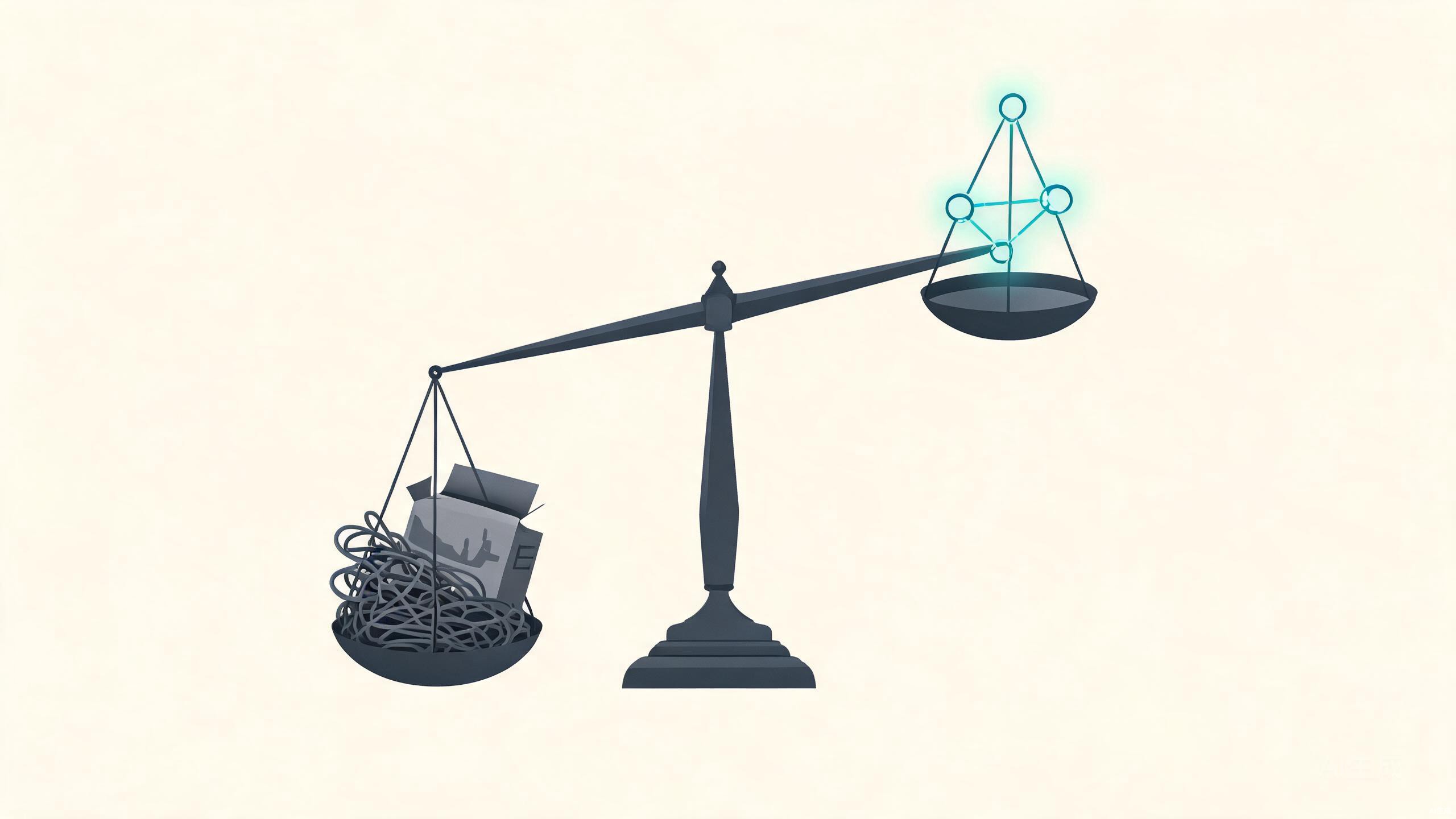 Balance scale: tangled legacy hardware sinking, light glowing mesh rising
