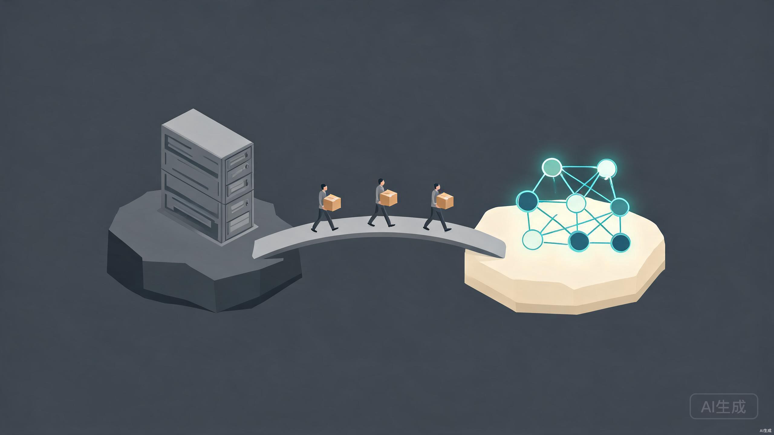 Bridge leading from a gray legacy island to a bright mesh island